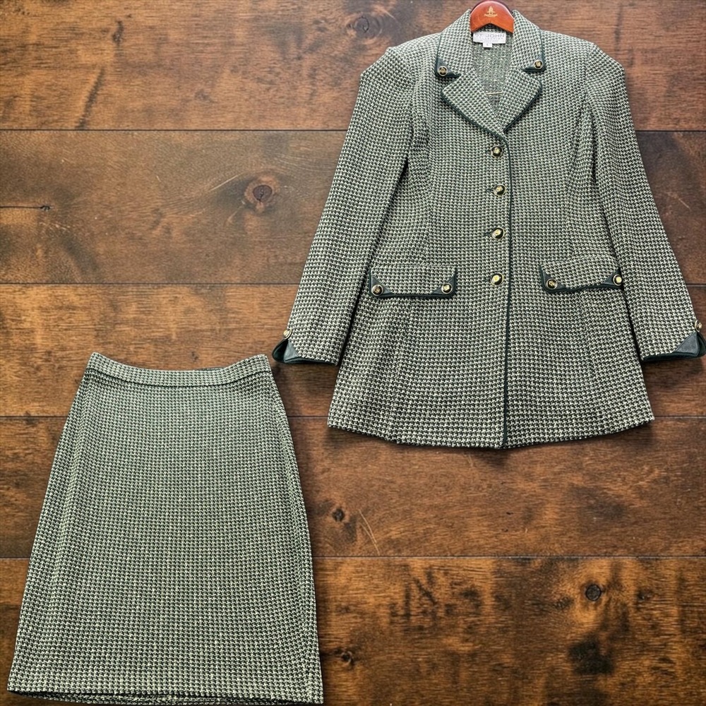 Vintage St John Marie Gray Skirt Suit Jacket 6 Skirt 4 Green Houndstooth Knit